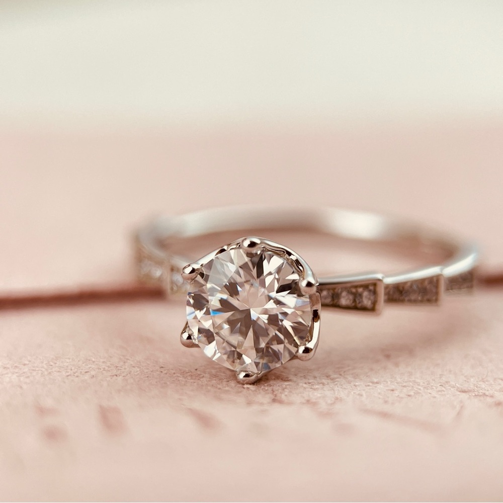 Solitaire Hidden Halo Paved Band Engagement Ring S925 Moissanite 18k Gold Plated - Picture 3 of 7